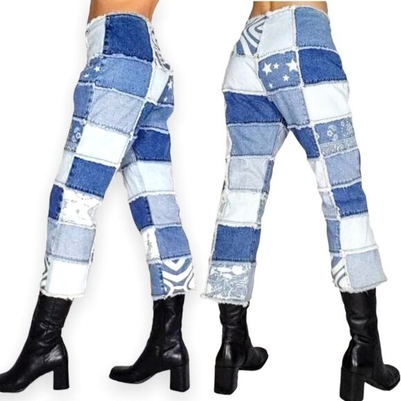 No Boundaries Y2k Patchwork Jeans Crop Raw Edge Waist Hemline Junior 15 - Picture 4 of 16